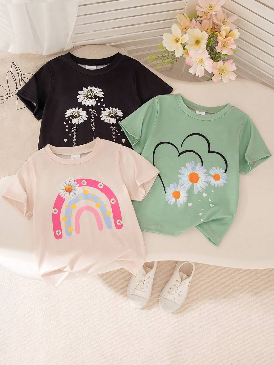 3pcs Girls Casual Floral Print Short Sleeve Round Neck T-Shirts, Summer - Multicolor - View 1