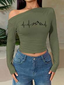 Mountain Peak Print Women's Off Shoulder Long Sleeve Top Sexy T-Shirt Spring Summer Ruched Y2K Clothing