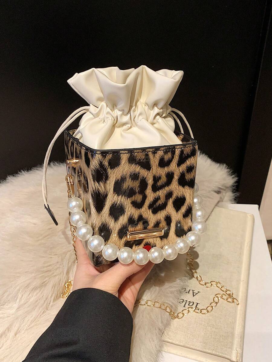 Tas Tangan Mini Motif Leopard dengan Tali Serut dan Hiasan Mutiara Imitasi, Tas Mutiara Imitasi Elegan, Tas Motif Macan Tutul Musim Gugur/Musim Dingin Terbaru untuk Wanita, Tas Motif Cheetah Musim Gugur/Musim Dingin Terbaru untuk Wanita