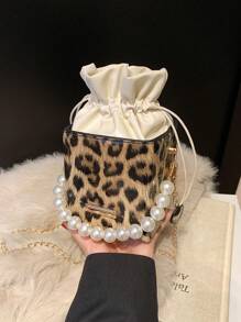 Tas Tangan Mini Motif Leopard dengan Tali Serut dan Hiasan Mutiara Imitasi, Tas Mutiara Imitasi Elegan, Tas Motif Macan Tutul Musim Gugur/Musim Dingin Terbaru untuk Wanita, Tas Motif Cheetah Musim Gugur/Musim Dingin Terbaru untuk Wanita - Khaki - View 8