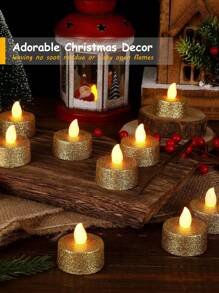 6/12/24 件电子茶蜡烛，浪漫无焰闪烁茶灯，许愿蜡烛，电池供电 LED 假蜡烛，适用于婚礼、周年纪念、订婚、晚宴装饰（金色、闪光） - 金色 - 查看 3