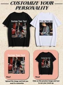 Customized Men's T-Shirt, Enter Your Text/Blessing/Funny Text, Upload Your Photo/Friend/Lover Photo, Black T-Shirt, Holiday Gift, Anniversary Gift, Company Team Building Uniform, Music Festival, Gift For Him, Spring/Summer Round Neck Short Sleeve T-Shirt, Party, Men's Short Sleeve Summer Top,Chic Autumn,Street Casual Chic - Black - View 4