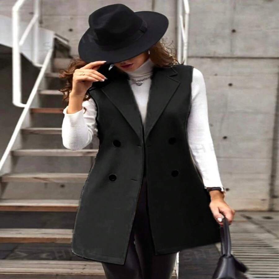 LONG BUTTONED VEST AND LONG SLEEVE BLOUSE - 黑色 - 查看 1