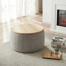 Round Storage Ottoman, 2 In 1 Function, Work As End Table And Ottoman, Dark Grey (25.5"X25.5"X14.5")