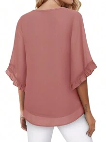 SANOPY Womens Blouses,Blouses For Women Dressy Casual,Women's Double Layer Mesh Shirt Pleated Three-Quarter Bell Sleeve Belted Casual Spring & Summer Shirt Top - Pink - View 4