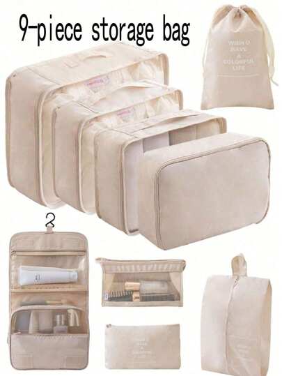 9pcs/Set Travel Packing Cubes, Large Capacity Zipper Organizer Bags, Hand-Held Travel Tote, Storage Bags, Mesh Bags, Cosmetic Pouch, Shoe Bag, Bottle Cover, Drawstring Bags, Regular Pouches, Luggage Bag, Underwear Organizer, Hospital Bag, Shirt, Underwear, Clothes, Cosmetics, Toiletries, Toothbrush And Toothpaste Waterproof Toiletry Kit