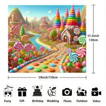 Telón de fondo fotográfico estilo mundo de dulces fantasía - Pueblo de dulces imaginario con árboles de piruletas, castillo de dulces y sendero de colores dulces - Adecuado para fiestas de cumpleaños dulces, sesiones de fotos y actividades divertidas - Albaricoque - Ver 4