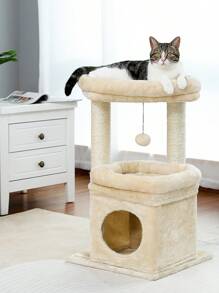 PAWZ Road 23.6" Small Cat Tree Flower Cat Tower For Indoor Cats With Private Cozy Cat Condo, Natural Sisal Scratching Posts And Plush Pom-Pom For Small Cats - 米色 - 查看 6