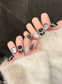 10pcs Black Glitter Cat Eye Rhinestone Pearl Diamond Handmade Acrylic Press On Nails Short Coffin Fake Nails, Simple French Nail Tips, DIY Nail Art Supplies, Reusable, Jelly Glue And Nail File