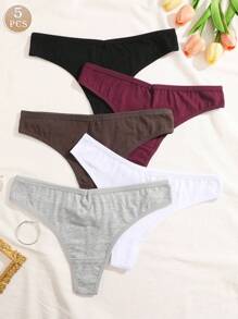 5 pièces Culottes tanga simples de couleur unie avec design en forme de V à la taille pour femmes, sous-vêtements pour dames - Multicolore - Voir 1