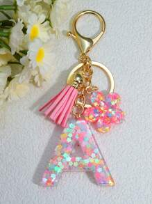 1 pieza Llavero de resina epoxi con brillo, colgante personalizado como accesorio para bolsos de mujer, llaves de coche, regalo para mamá, amigos, con diseños de corazón, mariposa y letra - Rosa - Ver 2