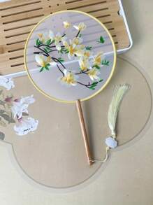 1 Stück vintage Handventilator, chinesischer runder Fächer mit Seide-Stickerei, Kranich-Blumen Heim- und Raumdekoration, Tanzfächer mit Quasten, Party-Requisiten, Weihnachts-, Valentinstags- und Neujahrgeschenk