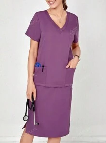 Ensemble d'uniforme de travail femme, Top simple à manches courtes de couleur unie et jupe