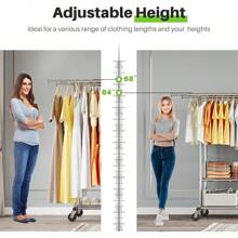 HOKEEPER Heavy-Duty Clothes Rack On Wheels Double Clothes Rail Can Hold Up To 283 Kg Industrial Design Coat Rack With Shelf And Laundry Basket Extendable Length And Height - DoubleChromeWithShelf1 - View 3