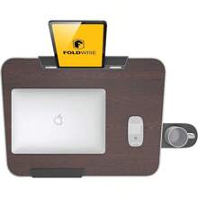 FoldWise Folding Laptop Table For Sofa - Wooden Portable Computer Desk And Overbed Table All-In-One: Adjustable Height Tilt Angle Flat-Folding Footrest Cupholder Tablet Holder And Edge Stopper - (Black)-DarkWoodMahogany1 - View 6