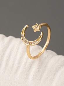 1 Pc Cooper Zirconia Moon Star Ring For Women Luxurious Pave Setting Crystal Ring Adjustable Size , Middle East Starlight Rings Jewelry - Multicolor - View 6