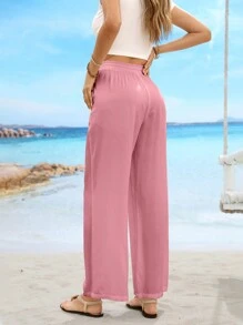 Drawstring Waist Plain Color Slant Pocket Minimalist Straight Casual Pants - Pink - View 2