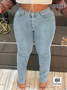 Plus Size Women's Stretch Slim Fit Casual Y2K Jeans - 淺色水洗藍 - 查看 1