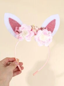 1pc Happy Easter Headband With Flower Decor,Cute Pink And White Rabbit Ears Party Costume Headdress For Party Supplies,Photo Props Hairband.