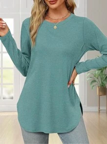 Women's Solid Color Crew Neck Shirt With Side Split Long Sleeve Casual Basic Top - 藍色 - 查看 3
