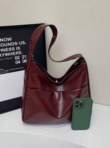 新款时尚女士单肩包，酒红色大容量收纳手提包，可折叠简约单肩包，腋下包，轻巧多功能包，复古风学院/工作通勤包，适合朋友购物、约会、商务旅行及各种场合。 - 酒紅色 - 查看 8