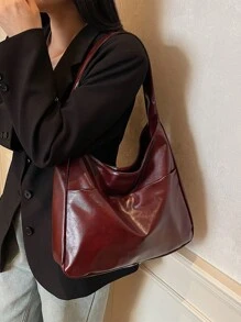 新款时尚女士单肩包，酒红色大容量收纳手提包，可折叠简约单肩包，腋下包，轻巧多功能包，复古风学院/工作通勤包，适合朋友购物、约会、商务旅行及各种场合。 - 酒紅色 - 查看 3
