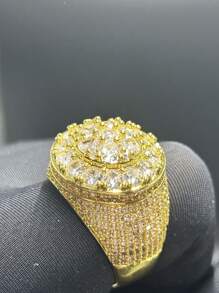European And American Hip-Hop Style 3-Circle Zirconia Unique Ring, Shiny Brass Fully Zirconia Hiphop Jewelry