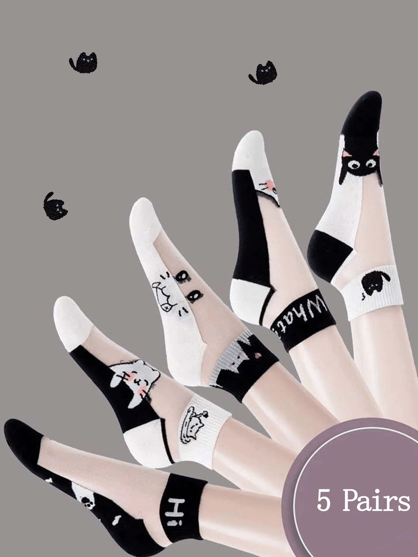 5 pares de calcetines de tobillo suaves de seda de verano con patrón de gato negro y blanco y diseño japonés lindo de frutas congeladas, adecuados para uso diario