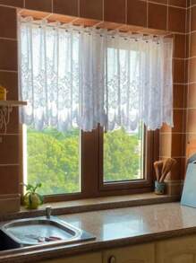 1pc Fresh Minimalist White Floral Lace Curtain Panel, Sheer Window Decor, Coffee Filter, Festival Decoration - White - View 4
