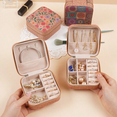 1PC Elegant Style Printed Jewelry Box, Multi Functional Jewelry Storage Box, Zipper Convenient Jewelry Bag, Exquisite Cosmetics And Lipstick Storage Bag, Mother's Day Gift, Girls' Gift, Handbag Storage Organizer Storage Box Travel