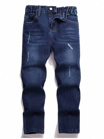 男童纯色破洞口袋休闲百搭时尚牛仔裤