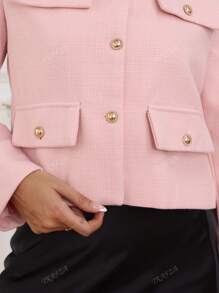 TRAFZA Women's Elegant Casual Tweed Jacket Spring Round Neckline Decorated Long Sleeves Solid Colour Coat