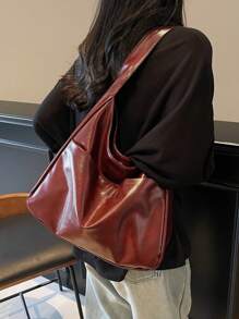 新款时尚女士单肩包，酒红色大容量收纳手提包，可折叠简约单肩包，腋下包，轻巧多功能包，复古风学院/工作通勤包，适合朋友购物、约会、商务旅行及各种场合。 - 酒紅色 - 查看 4