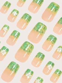 Instantly Upgrade Your Look With 24pcs Medium Square Press On Nails Kit Fresh Elegant Green Glitter French Style White Clover Fake Nails Cute White Clover Lucky Straw Glitter Fake Nails St Patrick's Day Nails Full Cover Fake Nail Set For Women And Girls 1 Piece Of Jelly Gel+1 File Strip Jelly Gel Random Shipment