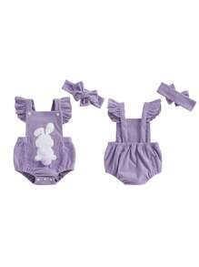 Baby Girl Easter Casual Romper Flying Sleeve Bunny Embroidery Romper With Headband - Purple - View 8