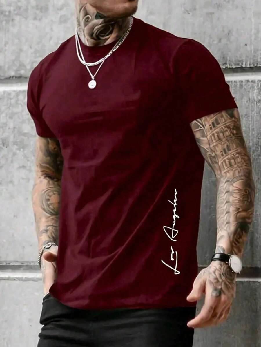 Men's T-Shirt 100% Cotton Round Neck Shirt 30.1 Yarn New Los Angeles Vertical - 酒紅色 - 查看 1