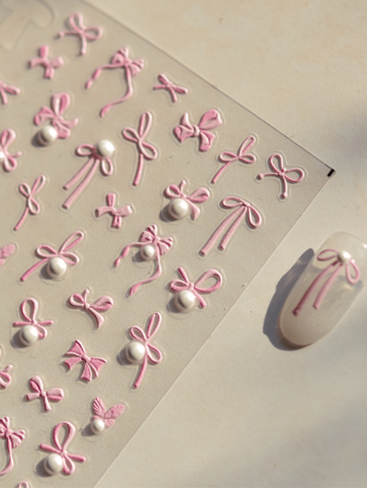 1pc 2025 Spring Festival Pink Bow Nail Stickers 5D Mixed Luxury Crystal Pearl Tape Self Adhesive Nail Art Decoration Stickers Stickers DIY