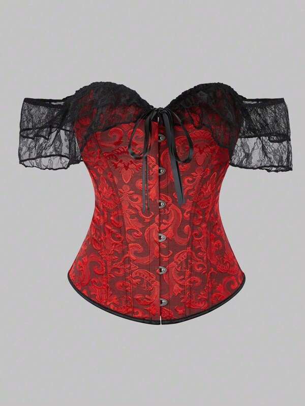 Plus Size Palace Style Lace Trim Off Shoulder Corset Top, Retro Jacquard Bustier Sexy Overbust Shaper