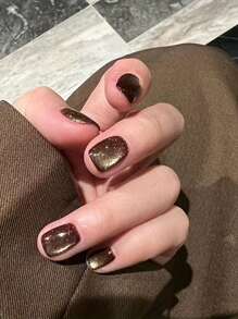 Monina Y2K 波普艺术 24 件摩卡棕色闪光猫眼水钻短款按压指甲，闪亮闪亮的女士礼物，优雅浪漫的时尚 - 摩卡棕 - 查看 13