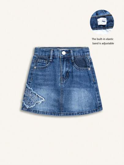年轻女孩时尚牛仔裙，带蝴蝶刺绣，可调节腰围，内衬，适合所有季节