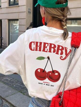 Women's Summer New Minimalist Cherry And Slogan Printed Casual Vacation Style Loose And Versatile Round Neck Short Sleeved T-Shirt Fashionable Daily Top Suitable For Daily Vacation Wear. Pink Top Graphic Tees Women White Top