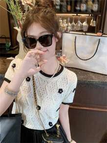 Áo dệt kim phong cách đường phố thanh lịch Hàn Quốc, áo thun ngắn tay phối màu hoa 3D ngọt ngào với thiết kế họa tiết, phù hợp cho mùa tựu trường, mẫu áo mới mùa hè, phong cách thường ngày. - Màu be - Xem 3