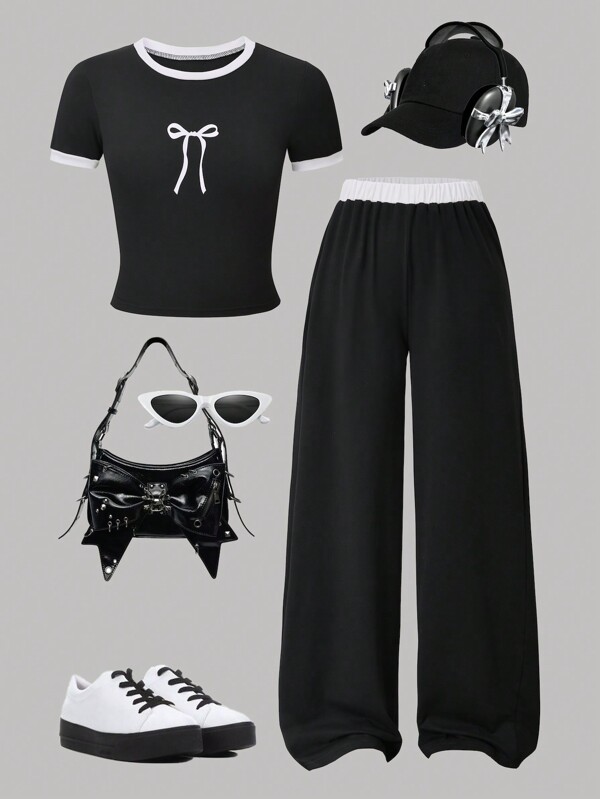 Tween Girls 2 Pieces Fashionable Casual Simple Bow Print Black T-Shirt And Loose Straight Leg Pants Sports Set, Suitable For School, Parties, Outdoor And Daily Wear
