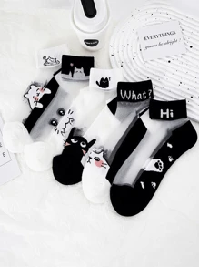 5 pares de calcetines de tobillo suaves de seda de verano con patrón de gato negro y blanco y diseño japonés lindo de frutas congeladas, adecuados para uso diario