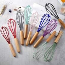 Fouet en silicone avec manche en bois - Tête de fouet noire avec manche en bois - Fouet pour la pâte à pancakes, les œufs et les blancs d'œufs, le mélange de gâteau, le mélange, le jus et les sauces