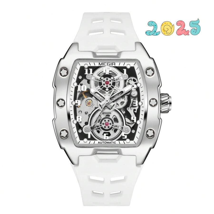 Megir Mechanical Watch, Square Face, Large Dial, Luminescent Hands, Multifunctional, Waterproof, Men's Fashionable Gift - trắng - Xem 1