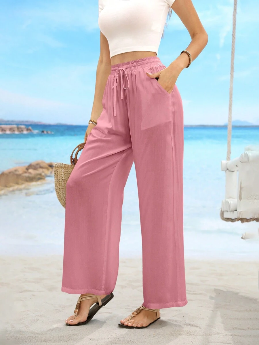 Drawstring Waist Plain Color Slant Pocket Minimalist Straight Casual Pants - Pink - View 1