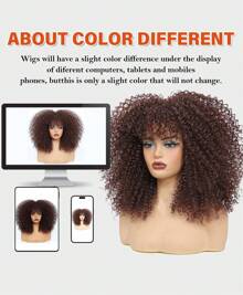 16 Inch Curly Wig Curly Wigs For Women Afro Kinky Curly Wig With Bangs Full And Fluffy Glueless Wig Synthetic Hair Replacement Wigs For Cosplay And Daily - Dark Brown - 查看 7