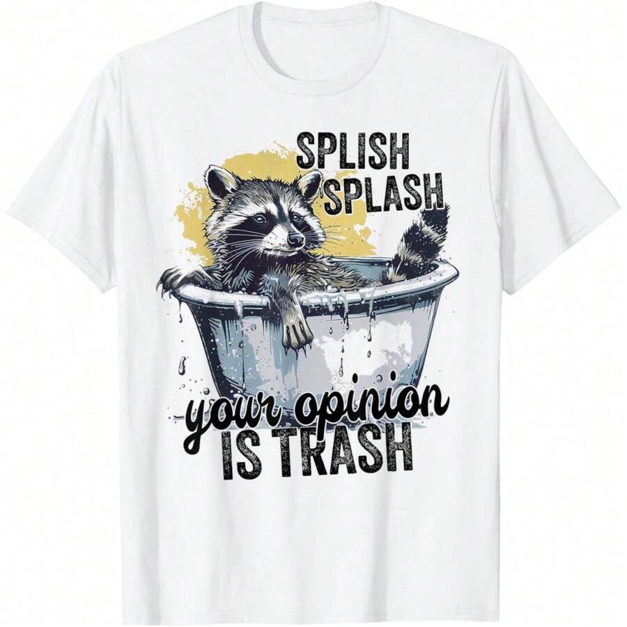 Summer Tops Short Sleeve Tops Stay Trashy Funny Raccoon Trash Panda Raccoon Meme T-Shirt - 白色 - 查看 1
