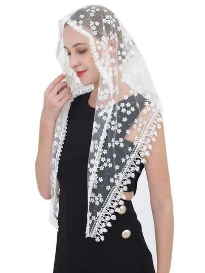 1pc Floral Print Bridal Triangle Headscarf, Lace Shawl Veil For Church, Wedding Accessory, Autumn